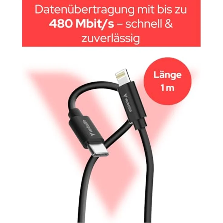 Verbatim 32392 Essentials Sync & Charge Kabel, 1 m, USB-C auf Lightning, 2er-Pack in Schwarz und Weiß, bis zu 27 Watt Ladeleistung, 480 Mbit/s Datenübertragung – Bild 3