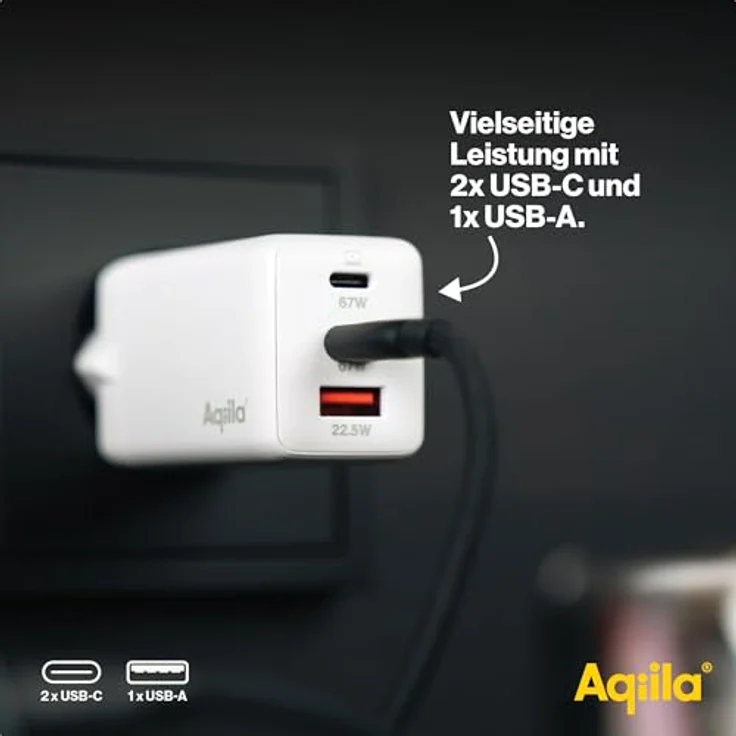 Aqiila USB-C Ladegerät 65W | Schnellladegerät GaN Technologie, PD, Quick Charge, 2X USB-C, 1x USB-A, Netzteil Ladestecker, kompaktes Design, 100-240V, plastikfrei verpackt | Chargebird W3 Weiß – Bild 4