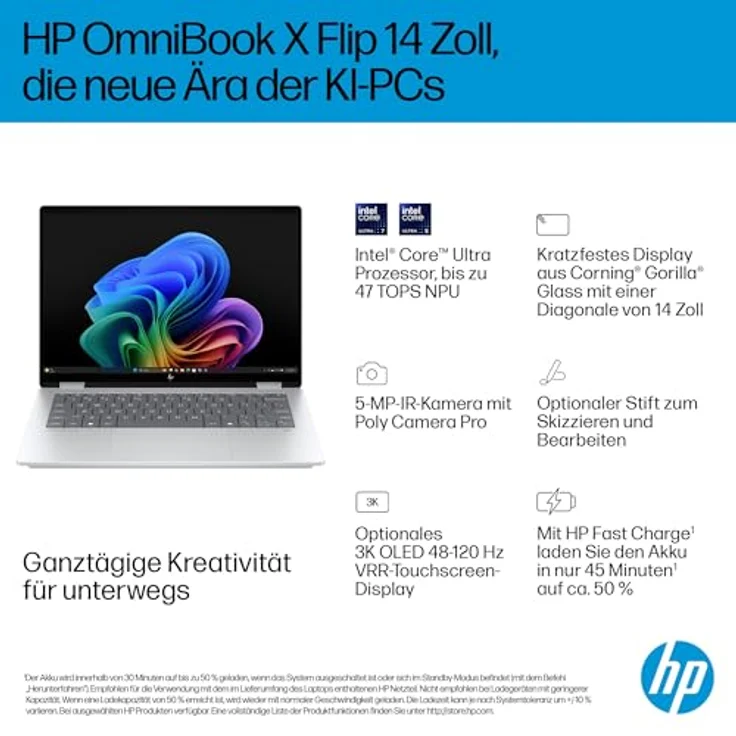 HP OmniBook X Flip 14, 2in1 AI Laptop mit Intel Core Ultra 5-226V, 14" WUXGA Touchscreen, 16GB RAM, 512GB SSD, dedizierte NPU für KI, Win11, QWERTZ, Silber – Bild 2