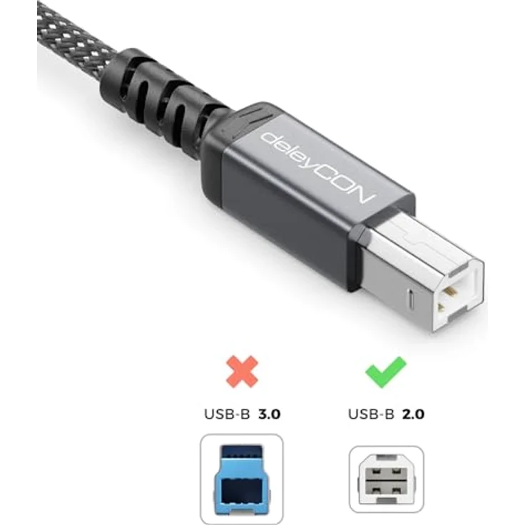 deleyCON Druckerkabel USB-B, 2 Meter geflochtenes USB-A auf USB-B Kabel mit Metallsteckern, 480 Mbit/s, kompatibel mit HP, Samsung, Epson, Dell, Lexmark, Brother und Canon – Bild 2