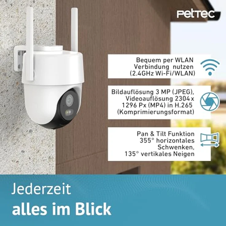 PetTec Pet Cam Free'n 360, Wi-Fi/WLAN 2.4GHz Überwachungskamera mit 3MP, Akku, Pan&Tilt, Bewegungserkennung bis 30m, Nachtsicht bis 20m, IP65, Flutlicht & Sirene – Bild 2