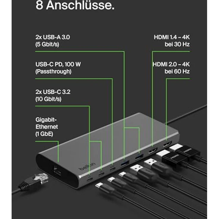 Belkin Connect Universal USB-C-8-in-1-Core-Hub für 2 Monitore, Silicon Motion-Technologie, Silber – für Chromebook, Mac- + Windows-Laptops; 100 W PD; Datentransfer mit 10 Gbit/s; 2,5-Gbit/s Ethernet – Bild 3
