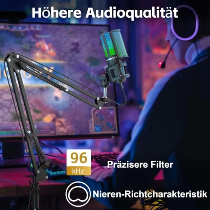 zealsound A68S USB Mikrofon Set, Kondensator Mikrofon für Podcast mit Boomarm & Tischstativ, RGB-Beleuchtung, Plug & Play, 92kHz/24bit Audioqualität – Bild 3