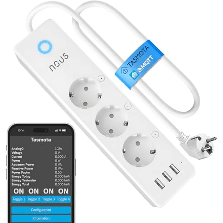 Nous A5T Smart Power Strip, Steckdosenleiste mit 3 CEE 7/3 Ausgängen, 3450 Watt, Tuya Smart Home kompatibel – Bild 1