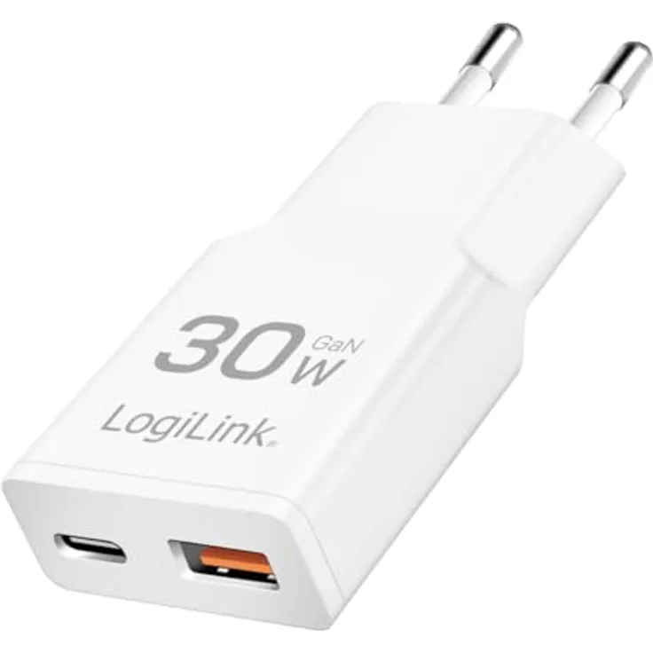 LogiLink PA0348, Dual USB GaN Ladegerät, 1x USB-C (PD) 30 W, 1x USB-A (QC), ultraflaches Design
