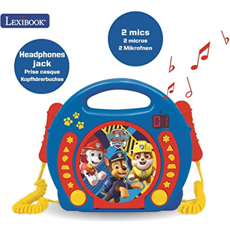 Lexibook PAW Patrol Helfer auf vier Pfoten Chase CD-Player mit 2 integrierten Mikrofonenv, Programmierfunktion, Kopfhörer-Anschluss, für Kinder, AC-Betrieb oder Batterie, Blau-Rot, RCDK100PA – Bild 6