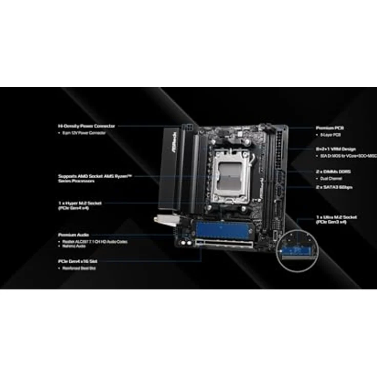 AsRock A620AI WiFi AM5 mITX Mainboard, DDR5 Unterstützung bis 128 GB, integriertes WLAN und Bluetooth, HDMI-Anschluss – Bild 2