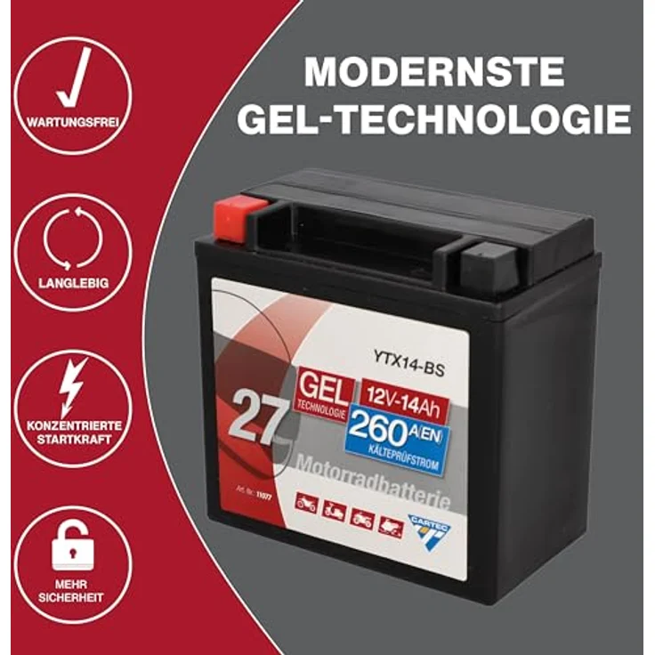 CARTEC Motorradbatterie YTX14-BS, 14Ah, 260A, wartungsfrei, Gel-Technologie, rüttelfest, schwarz – Bild 5