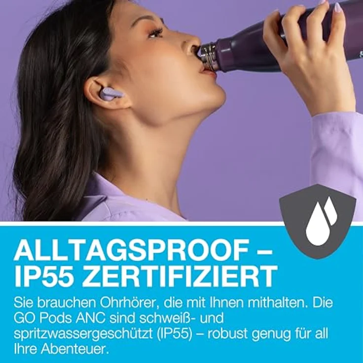 JLab Go Pods ANC, In-Ear Bluetooth Kopfhörer TWS mit 26 h Laufzeit, IP55, lila – Bild 7