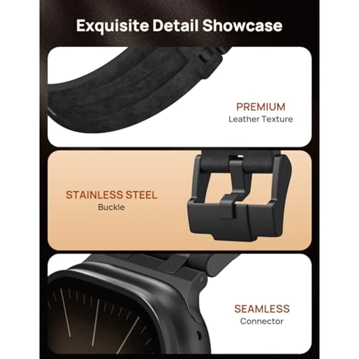 Astorgos Leder Armband für Apple Watch (Ultra 3/2/1 49mm, S11/S10 46mm, 9/8/7 45mm, SE/6/5/4 44mm, 3/2/1 42mm) in Schwarz, Hochwertiges Material mit Metallverschluss, Vintage-Design für Männer und Frauen – Bild 3