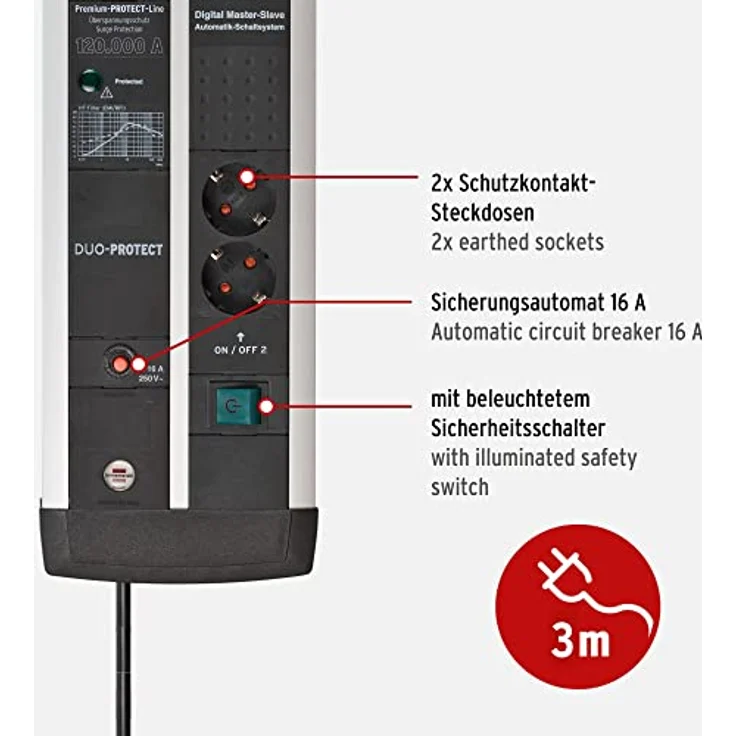 Brennenstuhl Premium-Protect-Line Gaming-Steckdosenleiste 11-fach mit Überspannungsschutz, Master Slave Funktion und 2 Schalter (Mehrfachsteckdose 2-fach USB 3,1 A, 3m Kabel, Made in Germany) – Bild 4