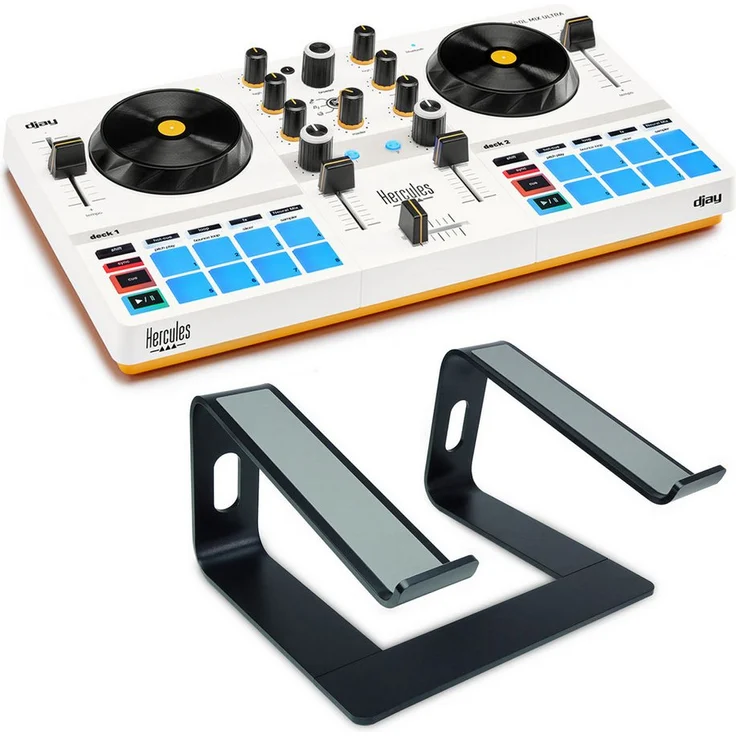 HERCULES DJ Controller DJControl Mix Ultra, kabelloser DJ-Controller mit integriertem Akku, kompatibel mit iOS, Android, PC und Mac, mit Laptopständer