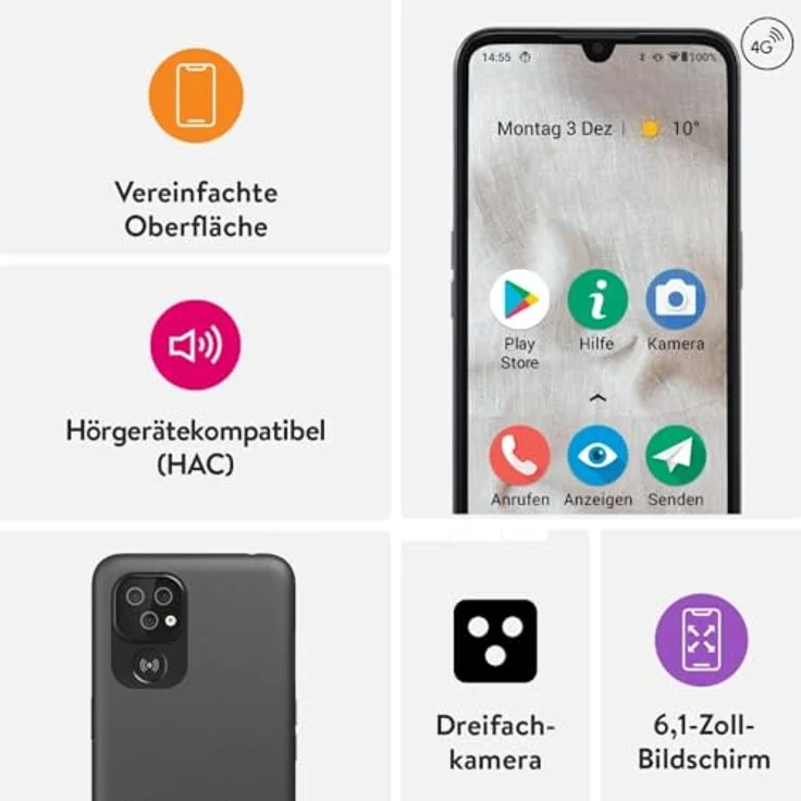 Doro Doro 8100 4G Smartphone, Entsperrt, für Senioren, Wasserdicht, mit Dreifachkamera, 6,1 Zoll Display, GPS und Gesichtserkennung Europäische Version (Schwarz) – Bild 3