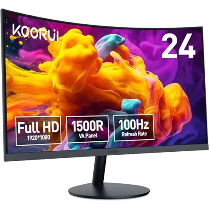 KOORUI 23.6 Zoll FHD Curved Monitor, VA-Panel, 100Hz, 1500R Krümmung, Neigungsverstellung, Augenpflege, HDMI, VGA, Schwarz