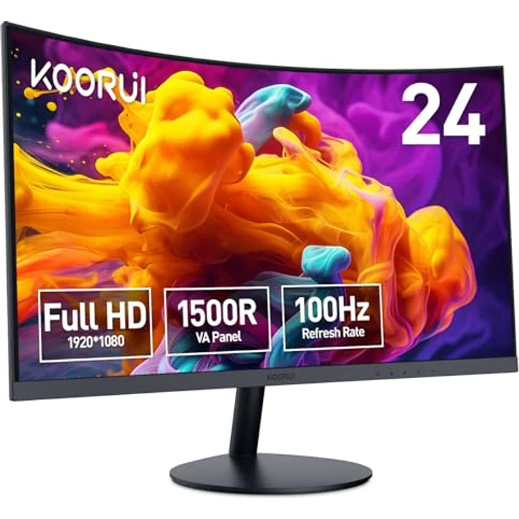 KOORUI 23.6 Zoll FHD Curved Monitor, VA-Panel, 100Hz, 1500R Krümmung, Neigungsverstellung, Augenpflege, HDMI, VGA, Schwarz – Bild 1