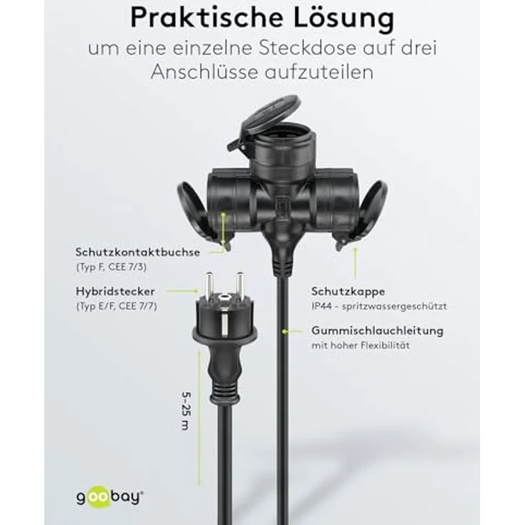 goobay 65439 Outdoor 3-Fach Verlängerungskabel/Stromkabel mit Schutzklappen (IP44) - 25m, schwarz – Bild 5