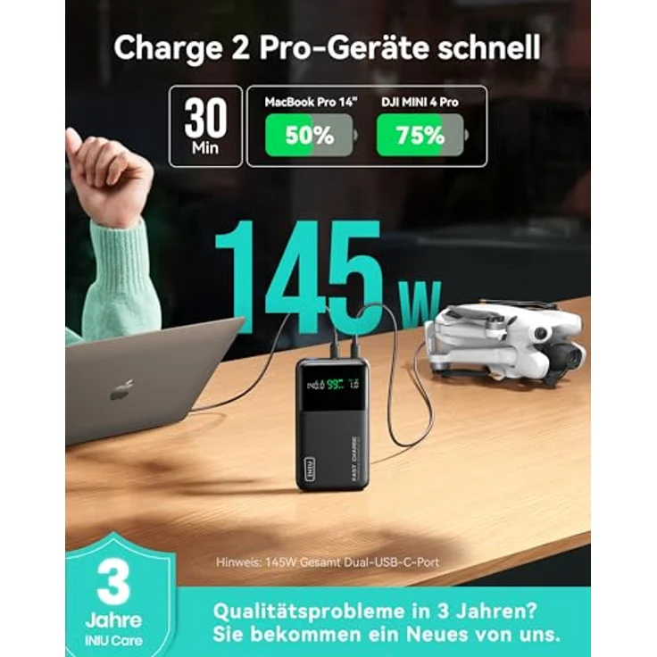 INIU Laptop PowerBank 140W 25000mAh, Schnelles Laden, USB-C Input & Output für MacBook, iPhone 16/15/14, Reisen und Büro – Bild 2