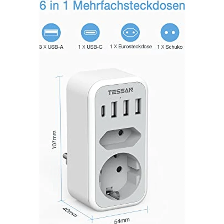 TESSAN Mehrfachsteckdose, Doppelstecker für Steckdose, Steckdosenadapter 2Fach mit 4 USB Netzstecker, Mehrfachstecker für Steckdose und USB C Adapter, Grau – Bild 2