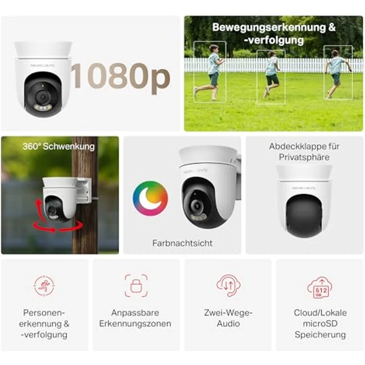 Mercusys IPCam MC500, Outdoor Pan/Tilt Netzwerkkamera mit 1080p Auflösung, Vollfarb-Nachtsicht, IP65 wetterfest, Weiss/Schwarz – Bild 2