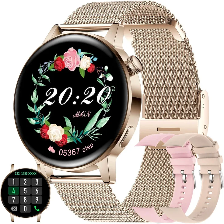 SGDDFIT 1.36 Inch Damen Smartwatch mit Telefonfunktion, Herzfrequenz- und Schlafmonitor, IP68, Schrittzähler und Musik Player