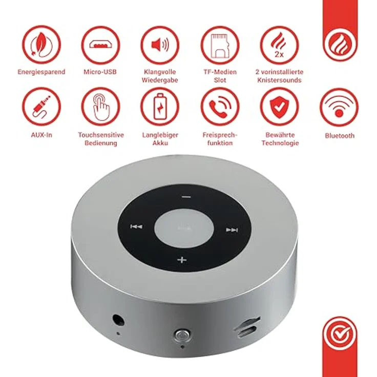 KAMINIO Knister Lautsprecher Moritz - Tragbare Soundbox mit Kaminfeuer-Klängen, Bluetooth, AUX, Mikrofon, Akku - Silber – Bild 3