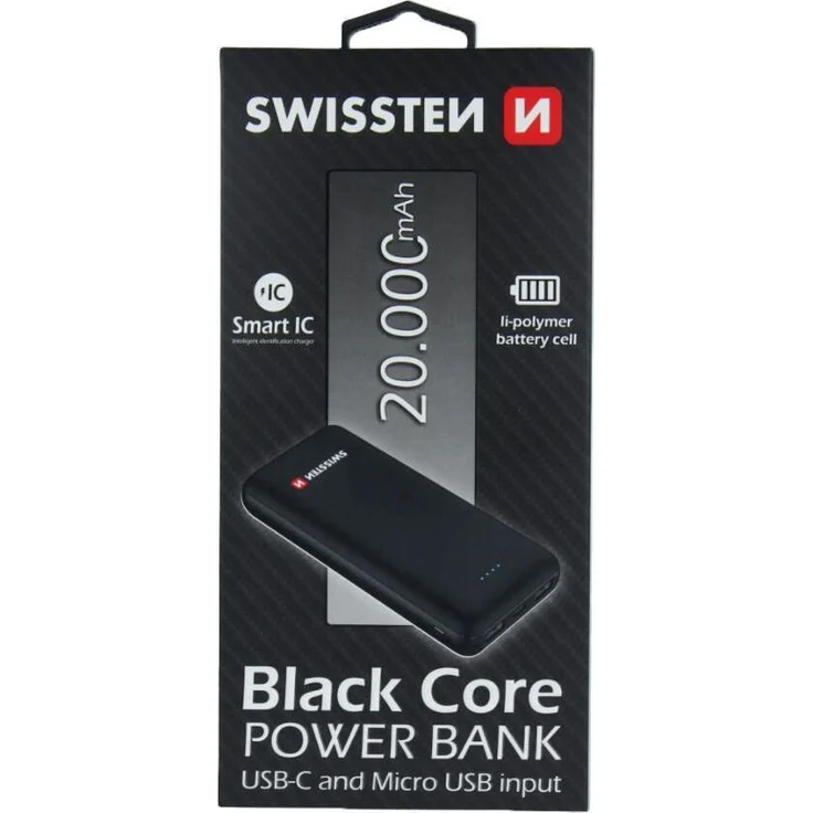 Swissten 22013928, Powerbank mit 20000 mAh, zwei USB-Typ-A-Ausgängen, Schwarz