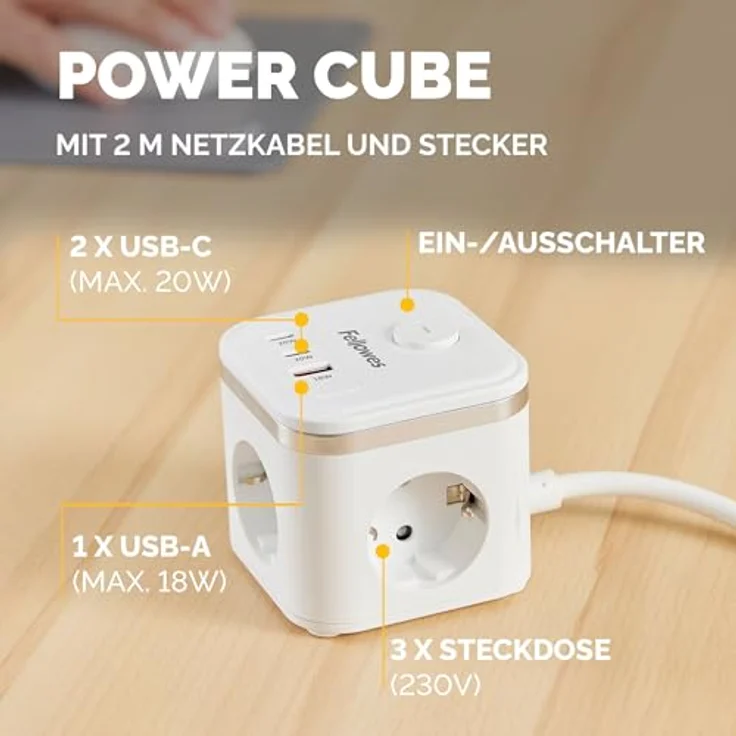 Fellowes Power Cube Steckdosenleiste, 3 Typ-F, 2 USB-C & 1 USB-A, 2 m Kabel, Schwarz, platzsparender Mehrfachadapter für Schreibtisch und Büro – Bild 5