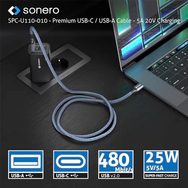 Sonero® USB-C auf USB-A Ladekabel, Schnellladekabel 5V/5A, Typ C Kabel 2.0, grau/blau, 0,25m – Bild 5