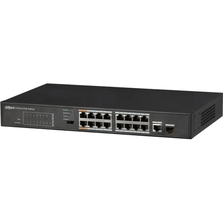 Dahua SWITCH DH-PFS3117-16ET-135, Unmanaged Netzwerk Switch mit 16 Ports, PoE Unterstützung und 5,2 Gbit/s Switching-Kapazität, Schwarz