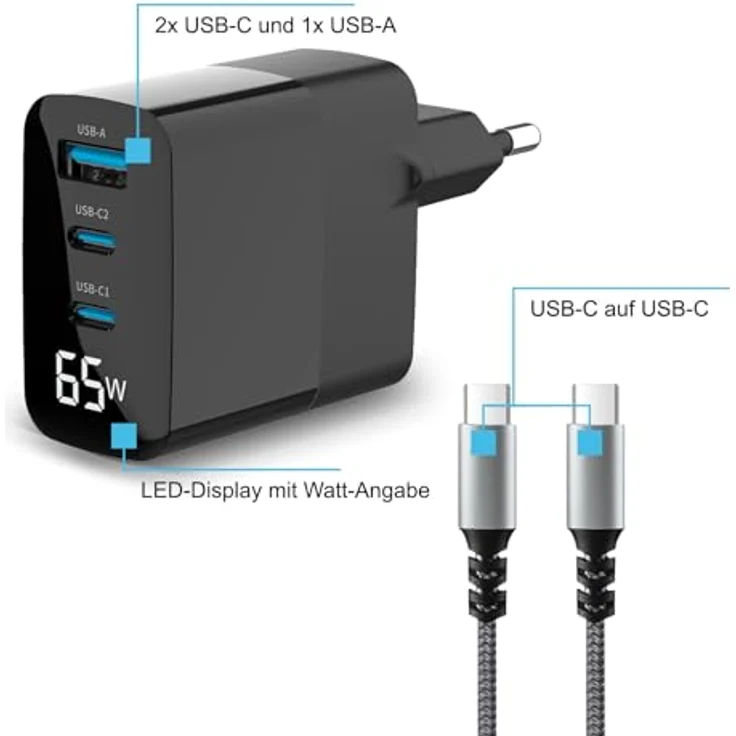 Eaxus USB Ladegerät mit 3 Ports, 2x Typ-C & 1x Typ-A, 65 Watt, inkl. USB-C Ladekabel, schwarz – Bild 8