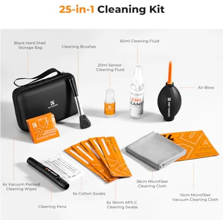 K&F CONCEPT 25 in 1 Kamerareinigungsset für spiegellose APS-C Kameras, inkl. 60ml und 20ml Reinigungslösung, Blasebalg, Linsenstift, Mikrofasertücher und Tragetasche – Bild 2