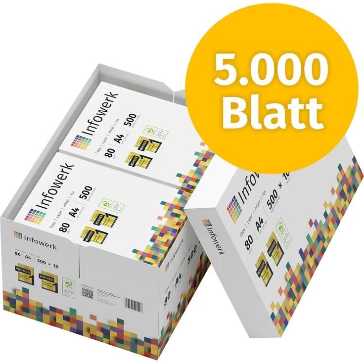 Infowerk Kopierpapier A4 80g, 5000 Blatt (10x500), Premium Druckerpapier, hochweiß CIE 160, PEFC-zertifiziert, Testsieger