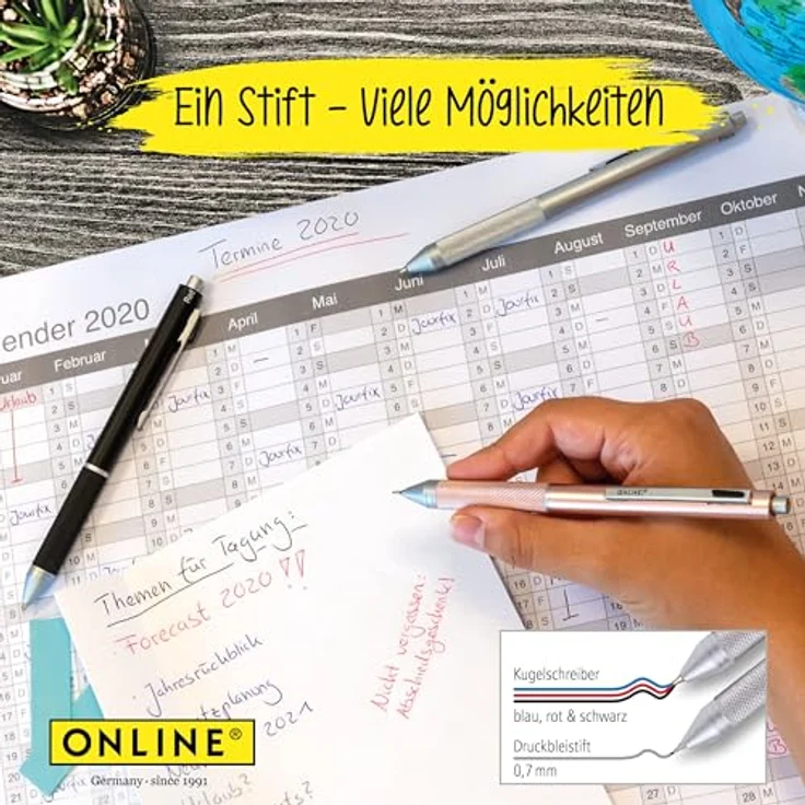 ONLINE Multipen 4-in-1, Multifunktionsstift aus Metall mit 3 Kugelschreiber-Minen in blau, schwarz und rot sowie Druckbleistift und Radierer, Farbe rosegold – Bild 3