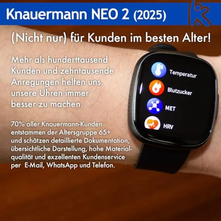Knauermann NEO 2 (2025), Gesundheitsuhr Smartwatch in Schwarz, EKG, HRV Funktion, Bluetooth, Schlafapnoe, Blutdruck, Silikonband Blau – Bild 5