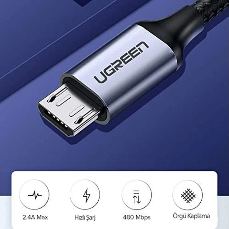 Ugreen USB-A auf Micro-USB Ladekabel 2.4A, 1 Meter, Grau - Schnelles Laden & Datenübertragung, haltbares Nylonmaterial – Bild 2