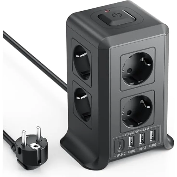 KEMELO Mehrfachsteckdose 8-fach mit USB-C, 3M Verlängerungskabel, Überspannungsschutz, kompaktes Turmdesign für Zuhause und Büro, 2500W