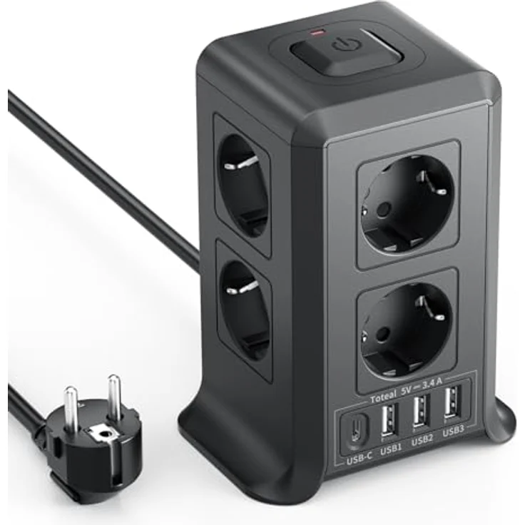 KEMELO Mehrfachsteckdose 8-fach mit USB-C, 3M Verlängerungskabel, Überspannungsschutz, kompaktes Turmdesign für Zuhause und Büro, 2500W – Bild 1
