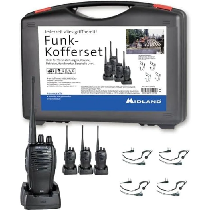 Midland G10 Pro PMR 4er Handwerker-Kofferset, PMR446-Funkgeräte mit 16 Kanälen, inkl. Sicherheit-Headsets, 1200 mAh Akku und Gürtelclip – Bild 1