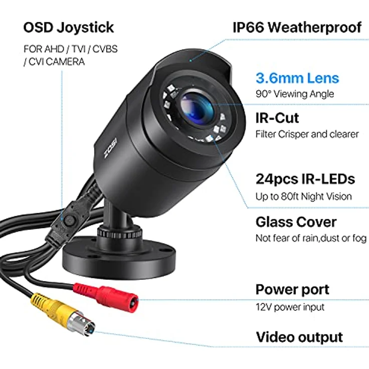 ZOSI 1080P HD Außen Video Überwachungskamera 4-in-1 TVI/CVI/AHD/CVBS 960H CCTV Kamera mit OSD 24M IR Nachtsicht, wetterfest, 3.6 mm Objektiv, IP66, schwarz - Preisvergleich – Bild 2
