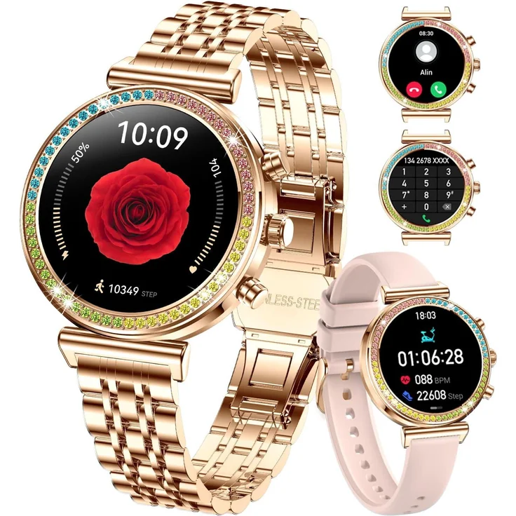 TAYSHILEY Damen Smartwatch mit Bluetooth Anruf, 1.25" HD Display, IP67 wasserdicht, Herzfrequenz- & SpO2-Messung, über 100 Sportmodi, 200+ Zifferblätter