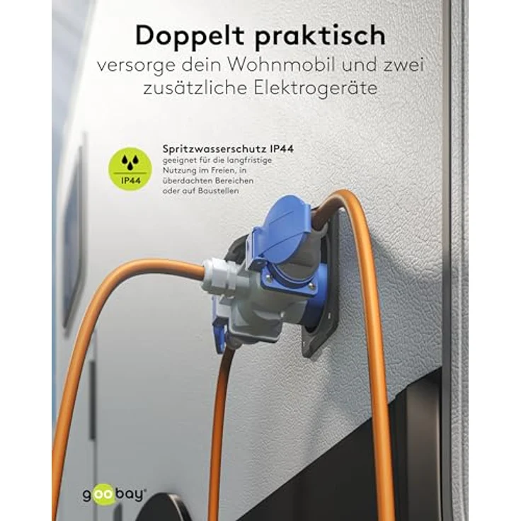 goobay CEE-Adapterkabel 10 m, CEE-Stecker auf 1 x CEE-Buchse und 2 x Schutzkontakt-Steckdose, IP 44, orange für Camping, Wohnmobil und Baustelle, 76266 – Bild 5