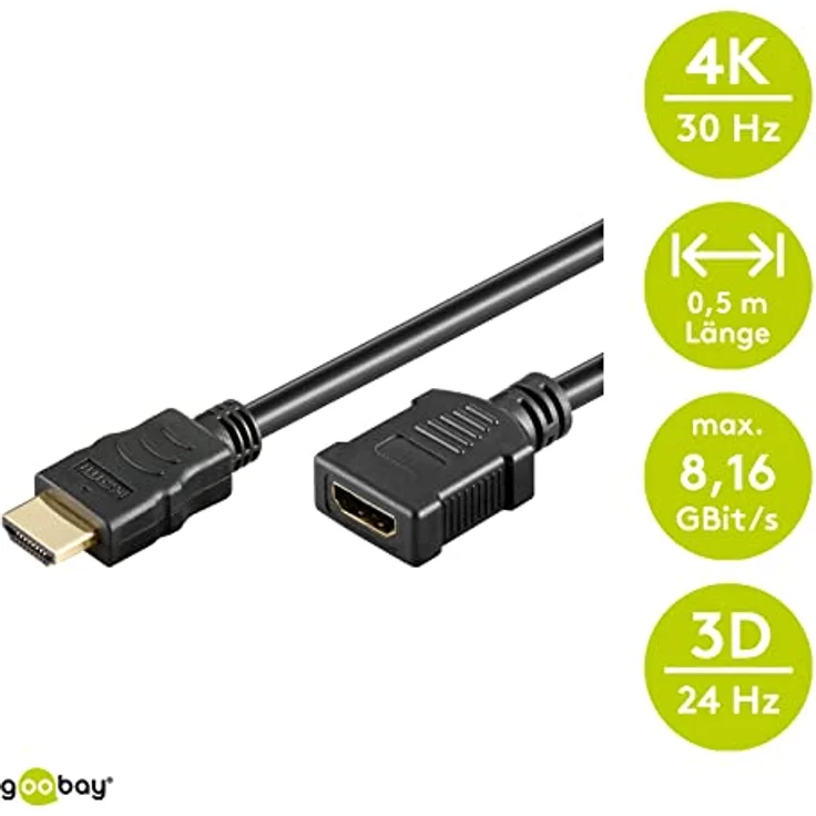 Goobay 69912 High Speed HDMI Verlängerungskabel mit Ethernet, HDMI-Stecker (Typ A) > HDMI-Buchse (Typ A), vergoldet, 0,5m – Bild 3
