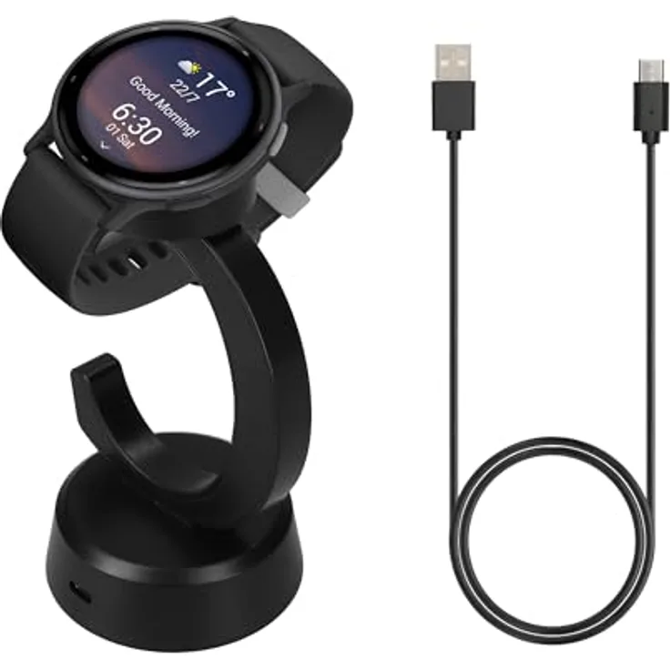 kwmobile USB Ladegerät für Garmin Vivoactive 6 / 5 & Forerunner 55 / 255 / 165 / 965 mit Standfunktion, 100 cm Ladekabel, Schwarz