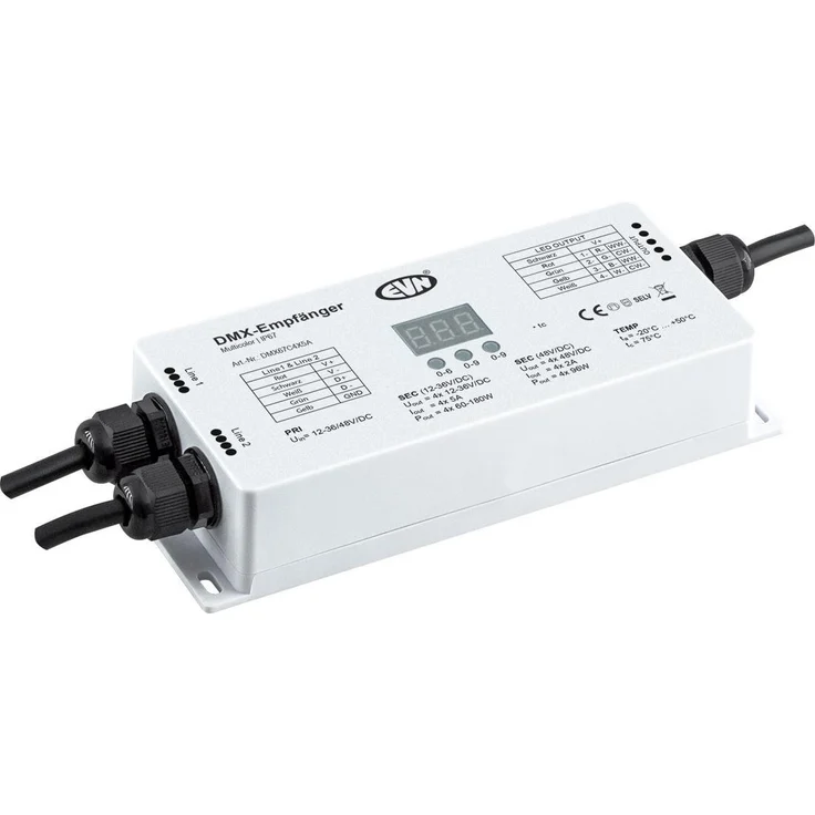 EVN DMX-Controller DMX67C4X5A, Lichtsteuerung für RGBW-Leuchten, 4 Farbkanäle, IP67, 12-48 V, für Außenbereich