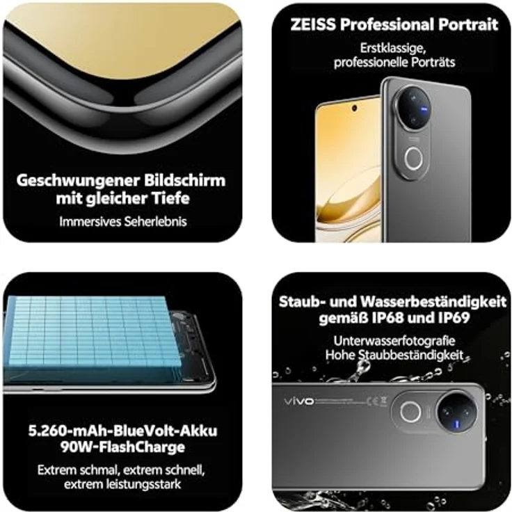 VIVO V50 5G Smartphone, 12 GB RAM, 512 GB, 50+50 MP ZEISS Kameras, 4K Video, 5260 mAh Akku, 90W Schnellladung, 6,77″ AMOLED Display, IP68/IP69 wasserdicht – Bild 2