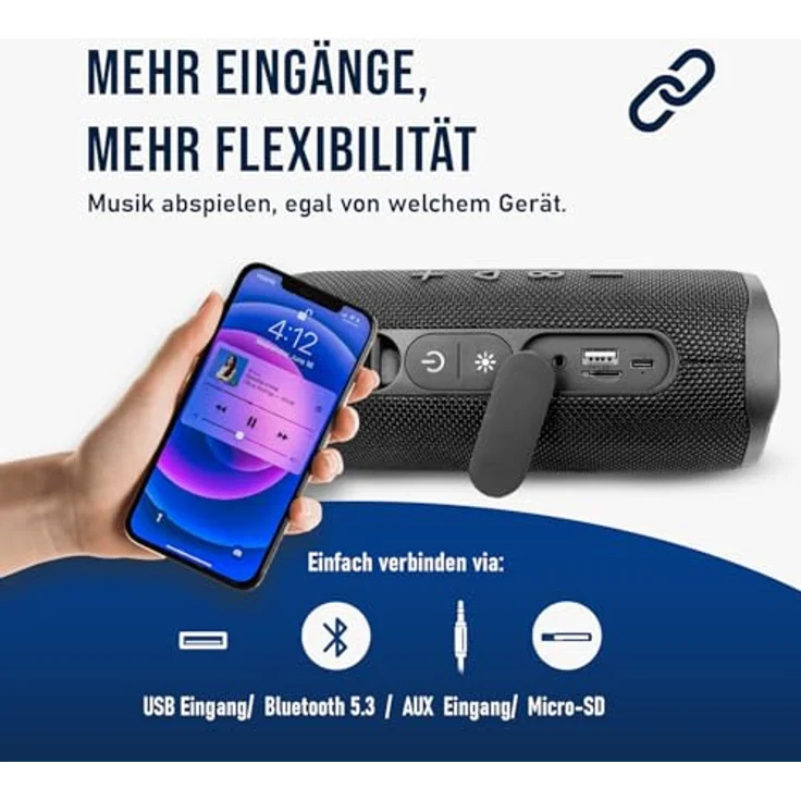 Fontastic Tyga Bluetooth Lautsprecher, Portable Speaker mit RGB-Lichteffekt, 3000 mAh Akku, spritzwassergeschützt, Schwarz – Bild 4