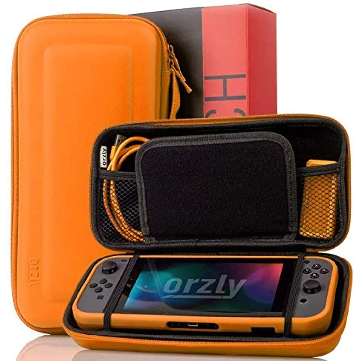 Orzly Nintendo Switch Zubehör Set, Tragetasche, Comfort Grip Case, USB Ladekabel, Kopfhörer, Schutzfolien - ORANGE – Bild 2