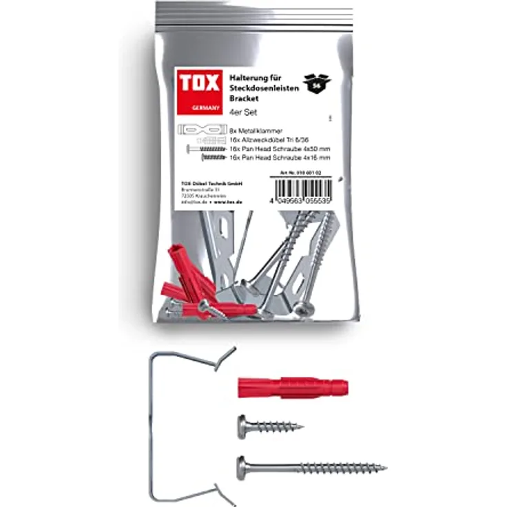 TOX Halterung für Steckdosenleisten Bracket, flexibel anpassbar, für mehr Platz und Ordnung, sicherer Halt in fast allen Baustoffen, im wiederverschließbaren Beutel, 4er Set, 01060102