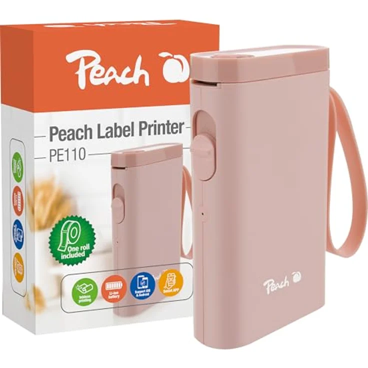 Peach Etikettendrucker PE110, kabelloser Bluetooth-Drucker (203 dpi) in Pink, vielseitig einsetzbar für Büro und Haushalt – Bild 1
