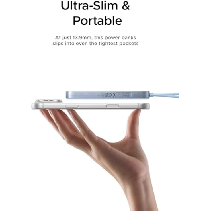 UGREEN MagFlow Air Power Bank, Ultra Slim 10000mAh, 15W MagSafe Powerbank, Qi2-zertifiziert, PD 30W Schnellladung, Integriertes Kabel, Ergonomisches Design, Blau – Bild 2